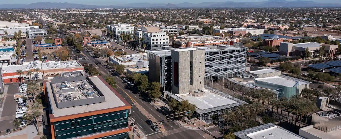 An aerial view of Chandler, AZ's skyline during midday 