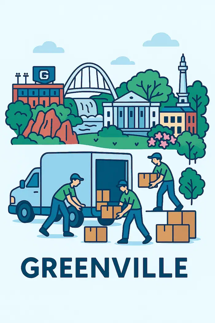 An illustration of movers loading a moving truck in front of a stylized depiction of major landmarks in Greenville, SC.