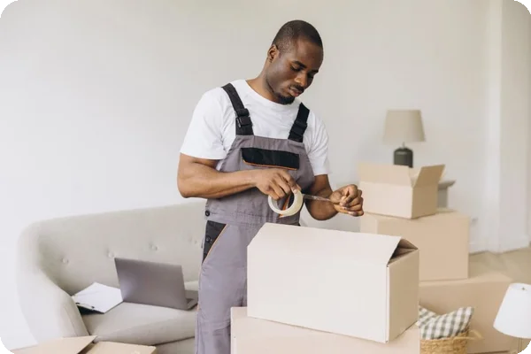 a mover in overalls tapes a small packed box closed