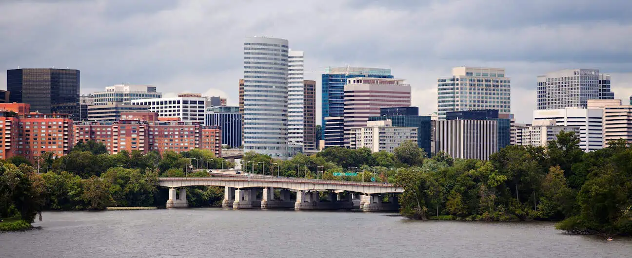 A view of Arlington, VA's skyline over the Potomac River