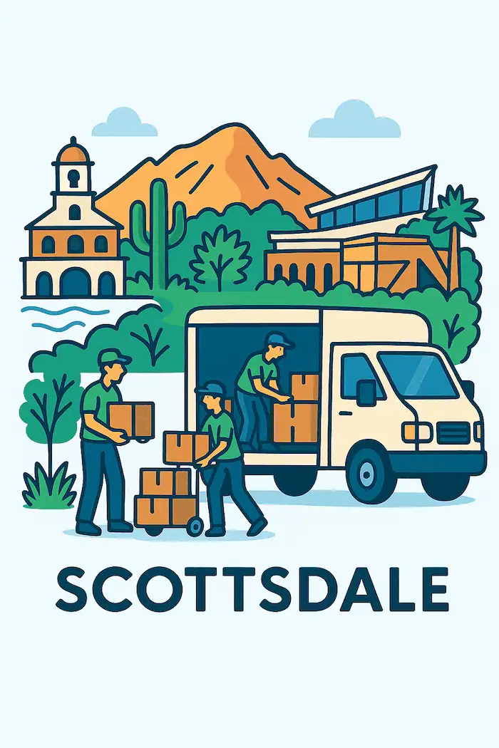 An illustration of movers loading a moving truck in front of a stylized depiction of major landmarks in Scottsdale, AZ.