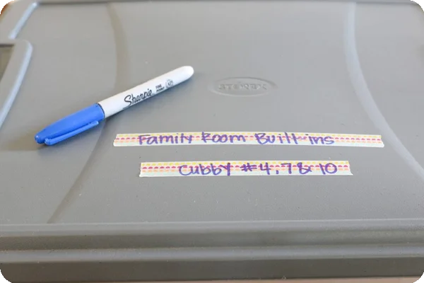 An example of a labeled section of a shelf in a plastic storage tote
