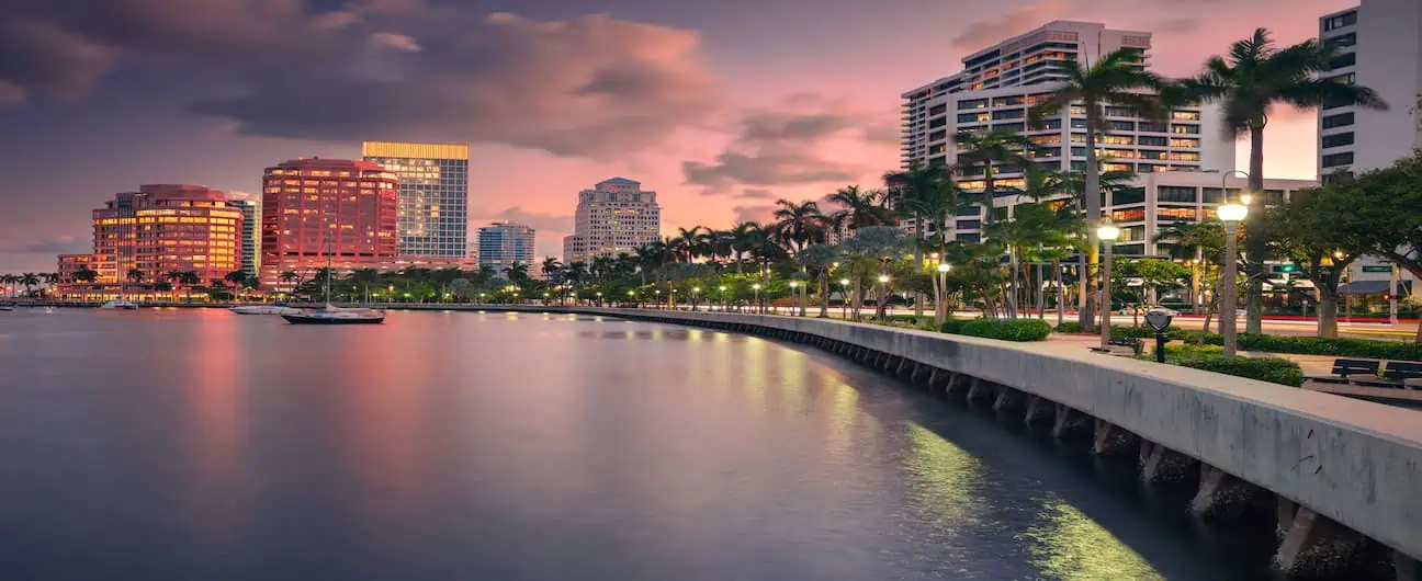 Skyline of West Palm Beach, Florida, at dusk.