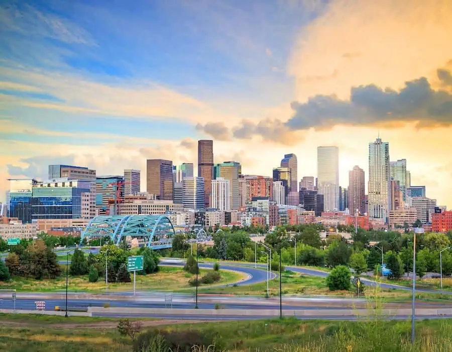 Panorama of Denver skyline at twilight.
