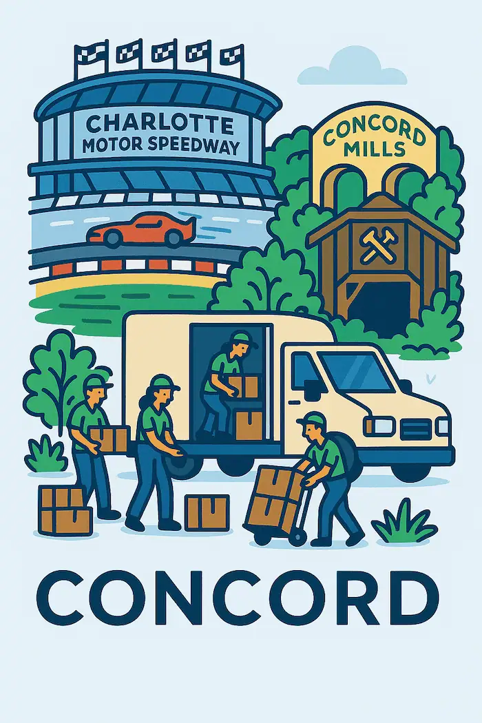 An illustration of movers loading a moving truck in front of a stylized depiction of major landmarks in Concord, NC.