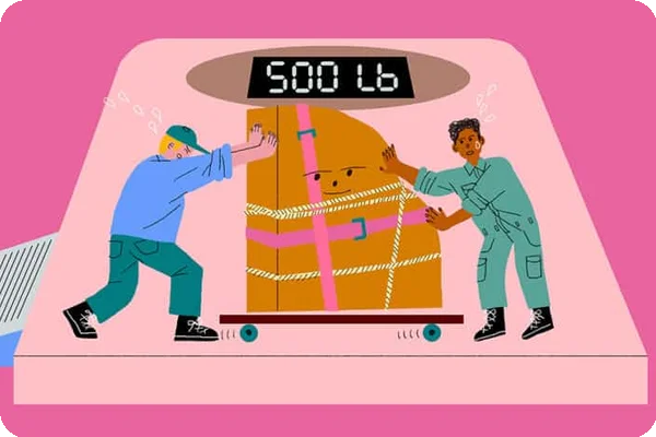 Two movers push a large, heavy piano on a dolly onto a scale that reads 500 LB.