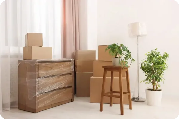 Living room with wrapped furniture, moving boxes, and potted plants