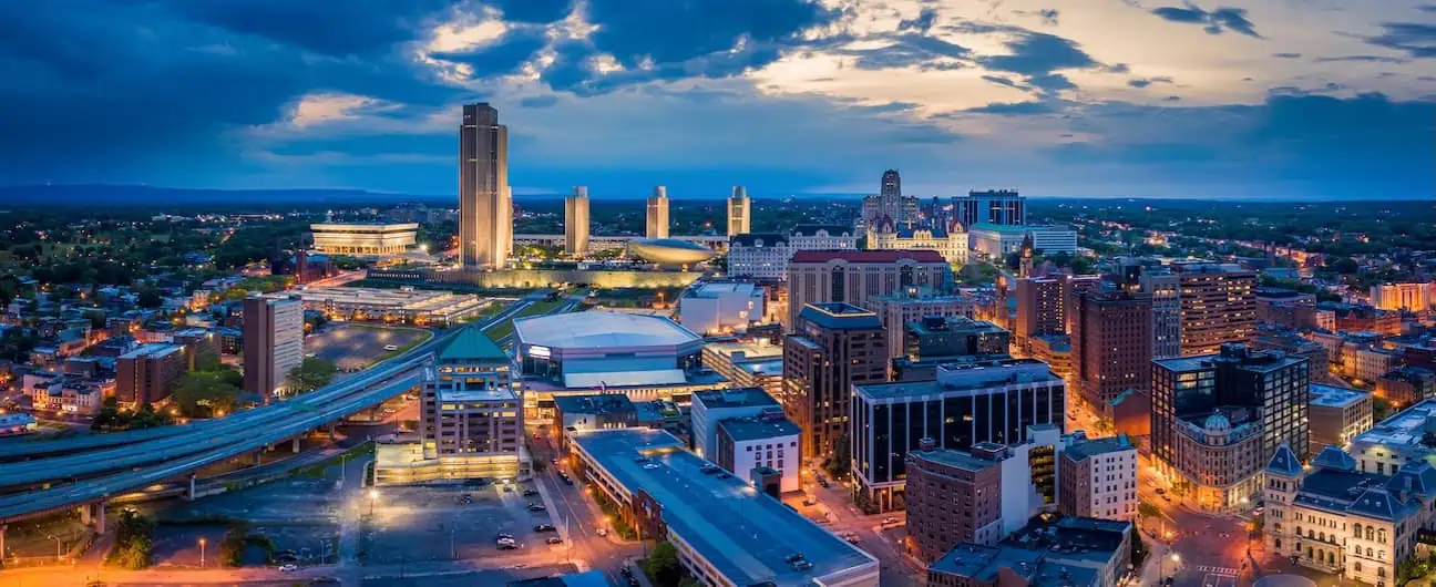 Skyline of Albany, New York, USA during sunset.