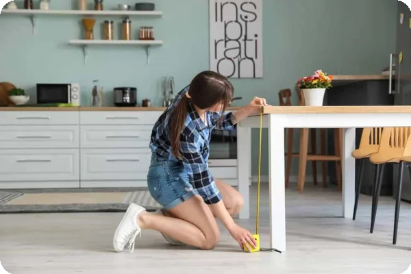 A woman kneels down to measure the height of a kitchen table with a measuring tape