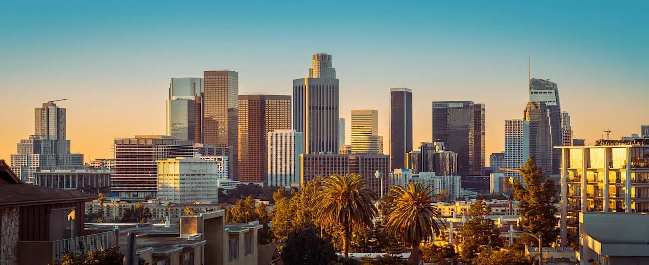 The skyline of Los Angeles during sunset.
