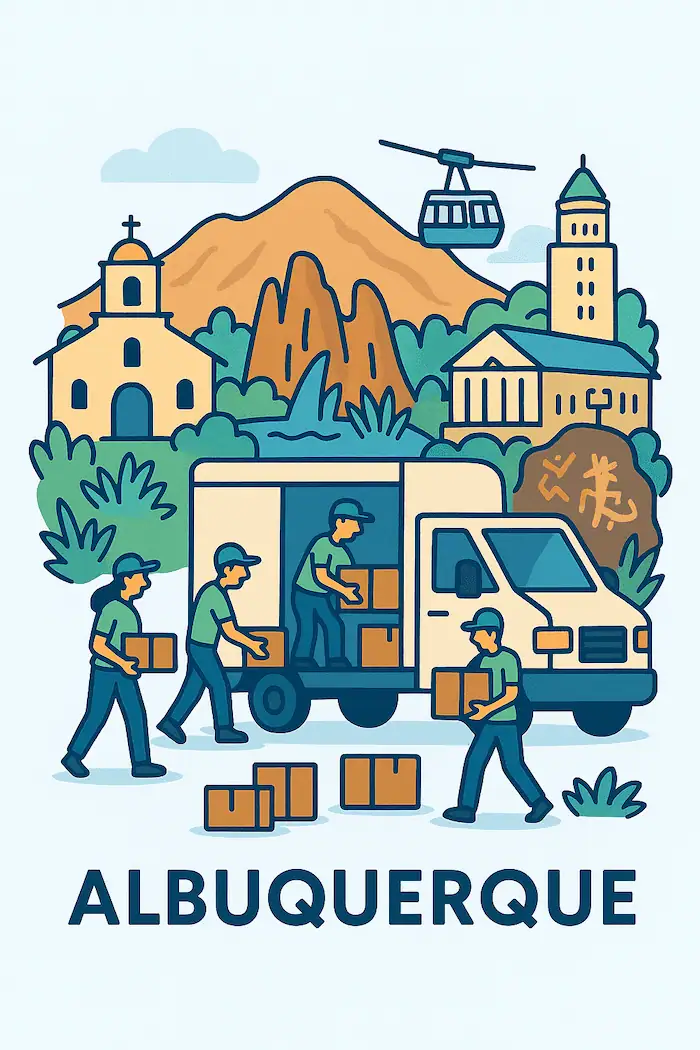 An illustration of movers loading a moving truck in front of a stylized depiction of major landmarks in Albuquerque, NM.