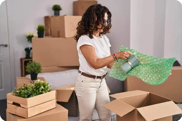 a woman wraps a coffee pot in green bubble wrap. There are boxes and plants surrounding her.