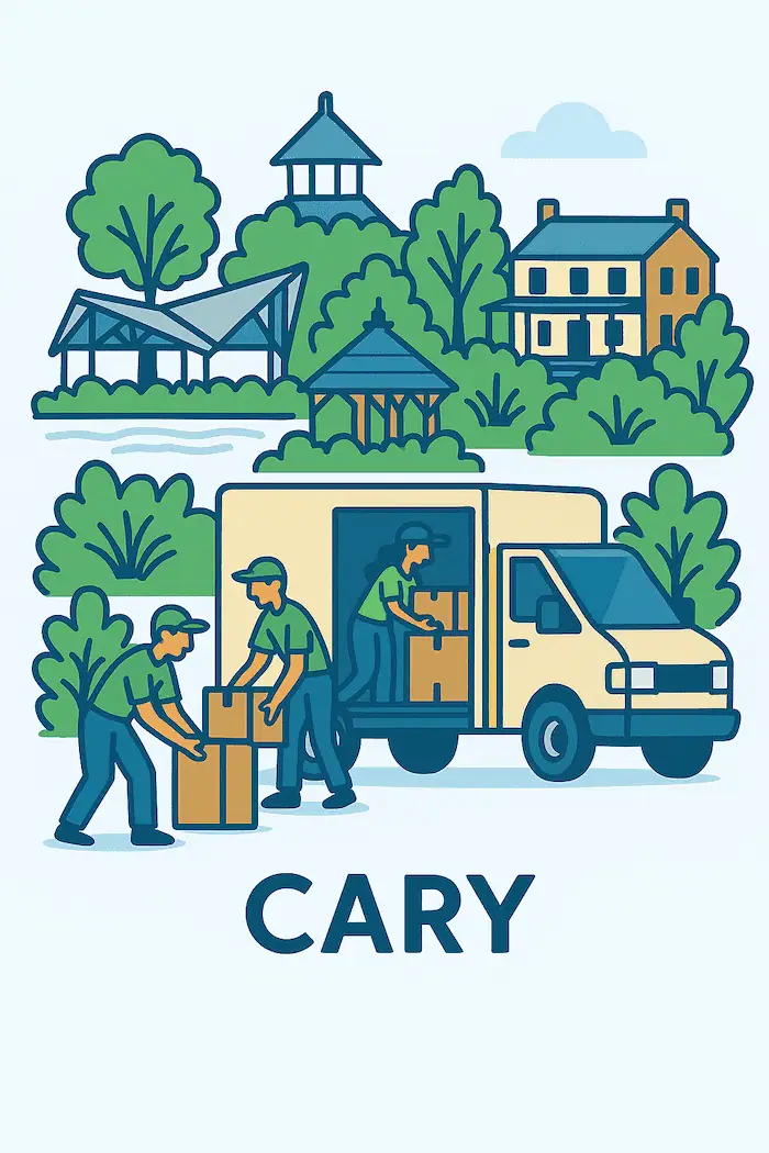 An illustration of movers loading a moving truck in front of a stylized depiction of major landmarks in Cary, NC.