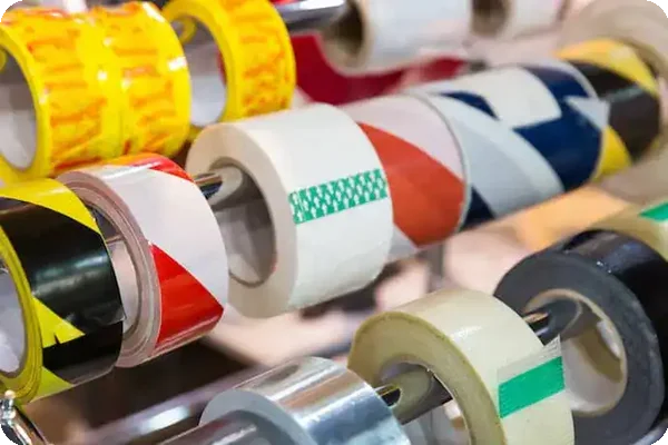 Assorted rolls of packing tape in different colors and patterns displayed on a rack.