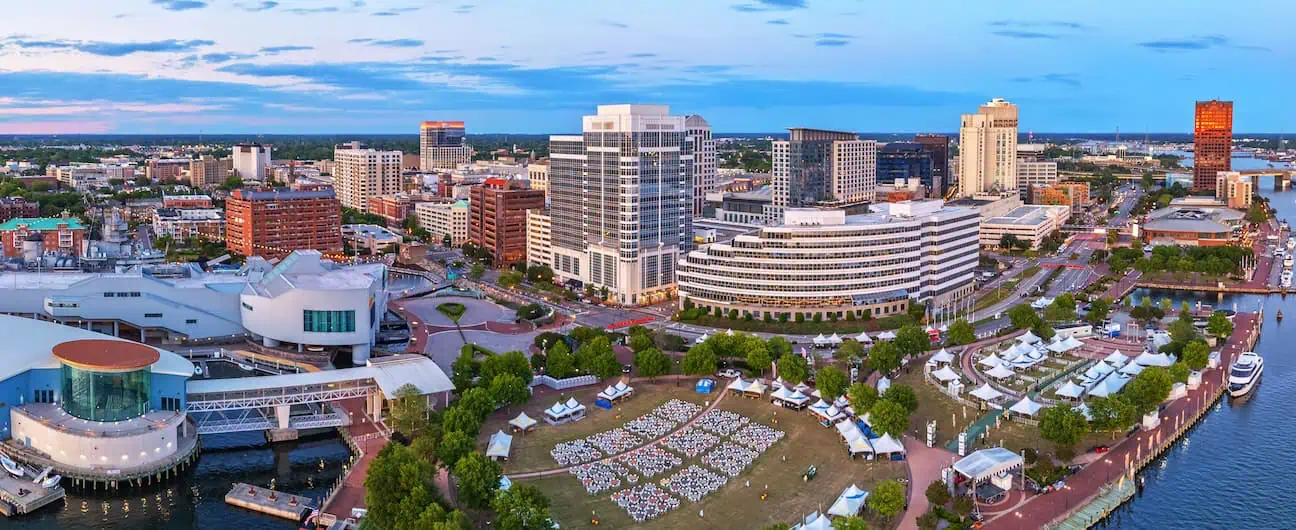 An aerial view of the buildings near Norfolk, VA's waterfront