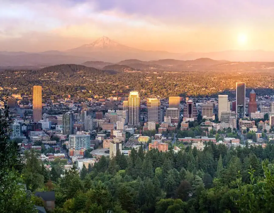 Downtown Portland, Oregon at sunset.