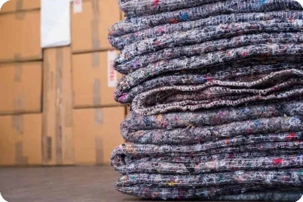 A stack of moving blankets is set close to the lens of the camera. In the background, there is a very tall stack of boxes.