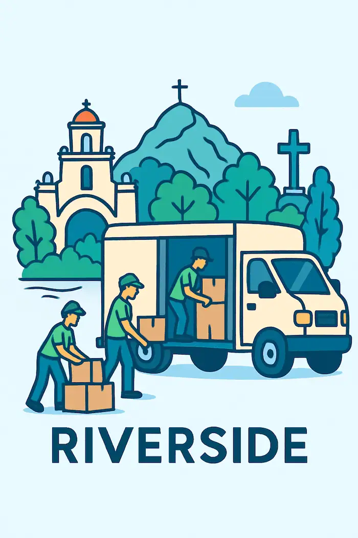 An illustration of movers loading a moving truck in front of a stylized depiction of major landmarks in Riverside, CA.