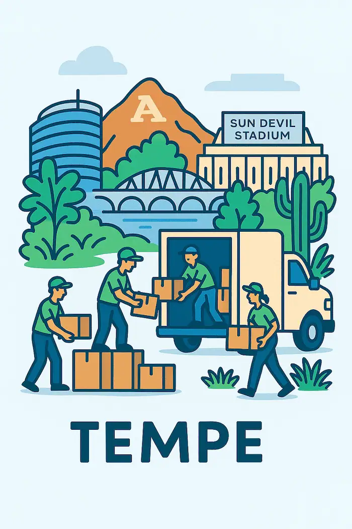 An illustration of movers loading a moving truck in front of a stylized depiction of major landmarks in Tempe, AZ.