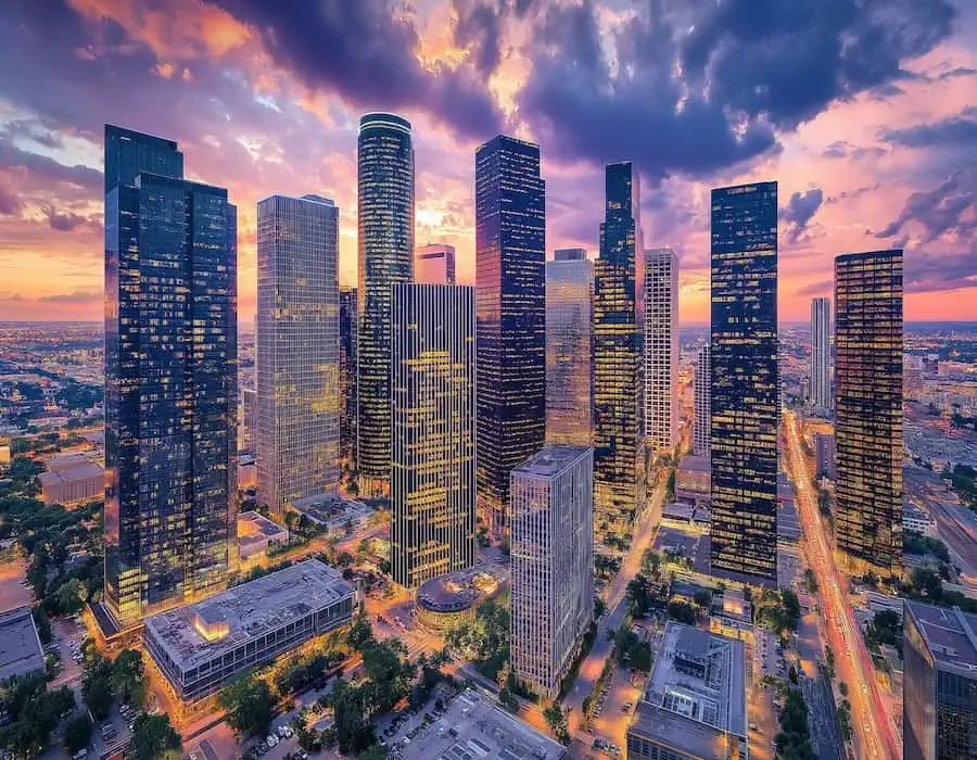 High-rise buildings reflecting sunset colors near Spring, TX.