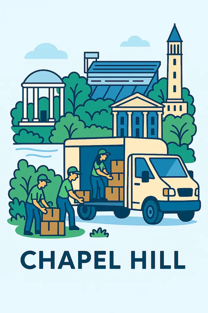 An illustration of movers loading a moving truck in front of a stylized depiction of major landmarks in Chapel Hill, NC.