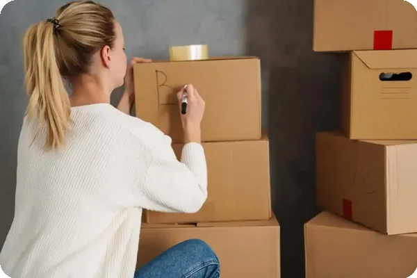 A woman labeling a box for a move.