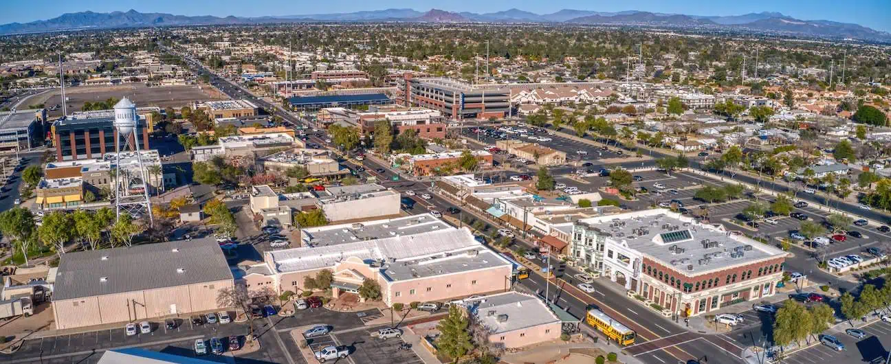 A, aerial view of Gilbert, AZ's skylines and residential neighborhoods