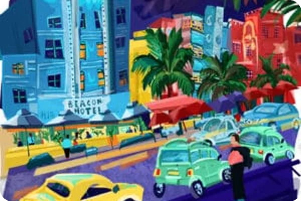 Illustration of a street in Miami with cars and buildings in the background.