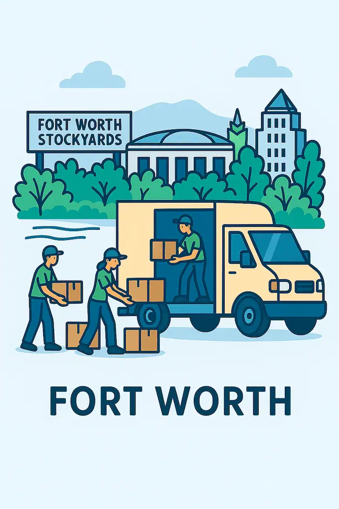 An illustration of movers loading a moving truck in front of a stylized depiction of major landmarks in Fort Worth, TX.
