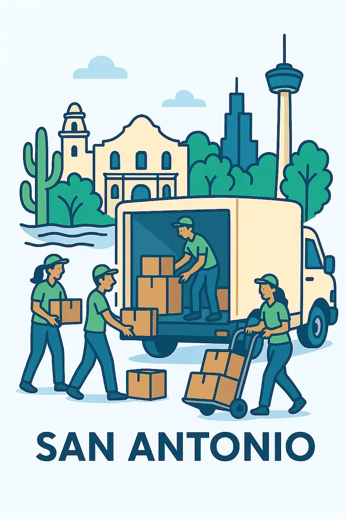 An illustration of movers loading a moving truck in front of a stylized depiction of major landmarks in San Antonio, TX.