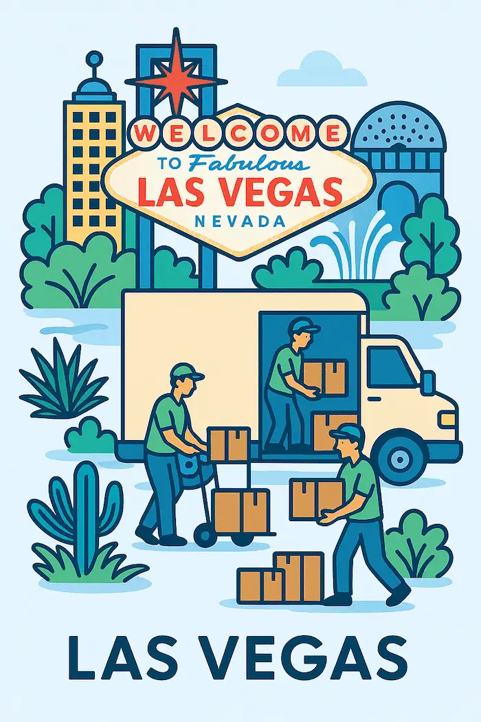 An illustration of movers loading a moving truck in front of a stylized depiction of major landmarks in Las Vegas, NV.