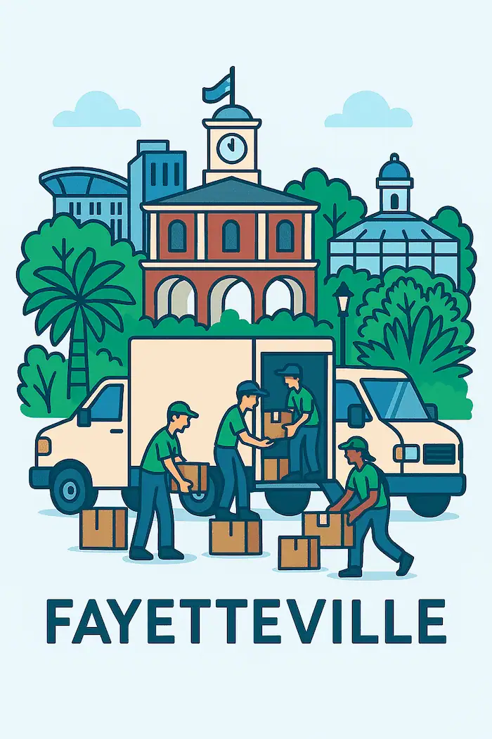 An illustration of movers loading a moving truck in front of a stylized depiction of major landmarks in Fayetteville, NC.