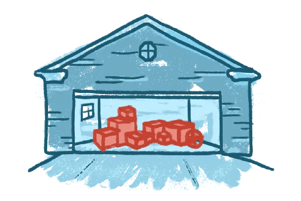 A HireAHelper illustrated character standing in a garage representing professional moving services