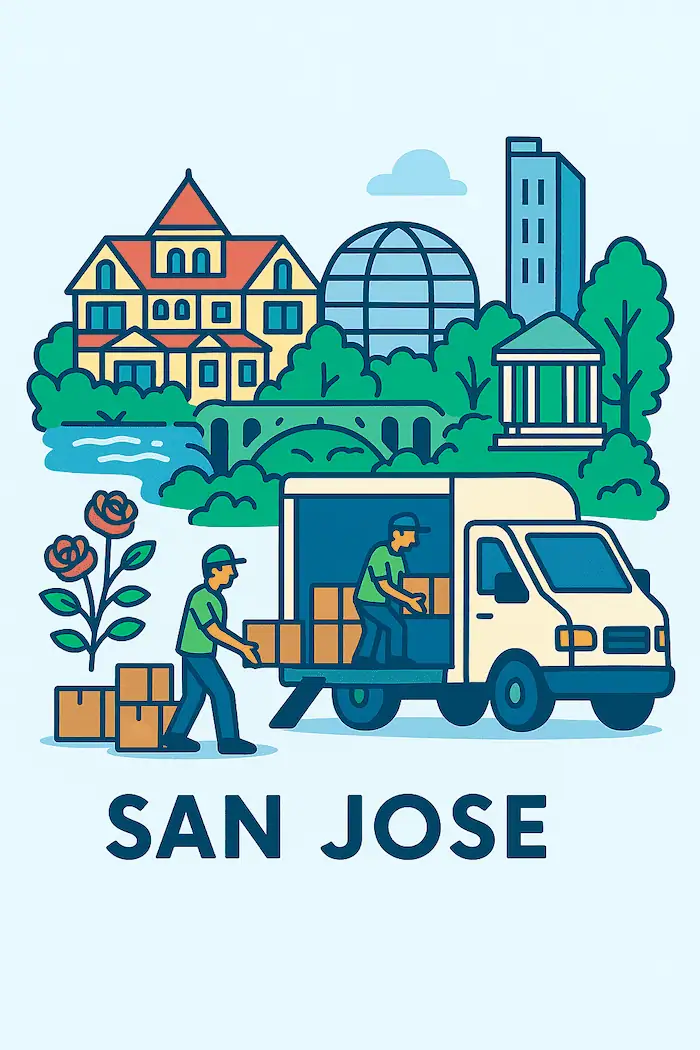 An illustration of movers loading a moving truck in front of a stylized depiction of major landmarks in San Jose, CA.