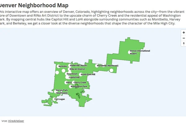 Interactive map of Denver highlighting neighborhoods including Downtown, Capitol Hill, RiNo Art District, Cherry Creek, Five Points, Sloan’s Lake, Berkeley, Globeville (North), Montbello (Northeast), Harvey Park (Southwest), River North (RiNo), Baker, South Park Hill, Golden Triangle, Fort Logan, Highland/LoHi, Washington Park, Gateway–Green Valley Ranch, Denver International Airport, and Parkfield.