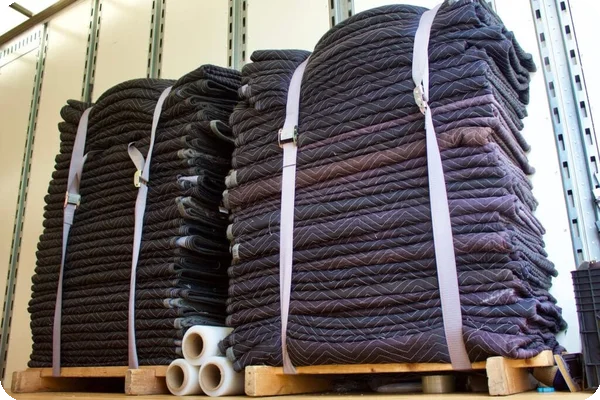 Two large stacks of moving blankets strapped down onto a pallet