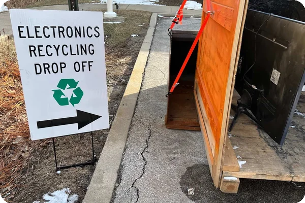a white sign with black lettering pointing people in the direction of an electronic waste recycling drop off site