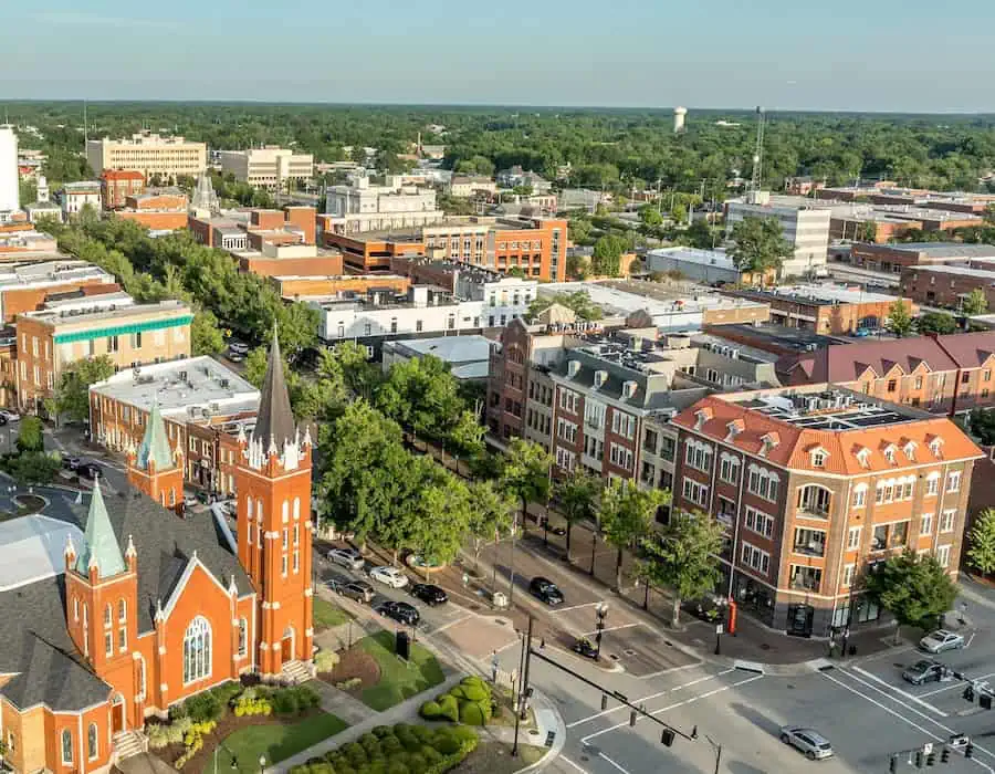 Aerial view of Fayetteville North Carolina downtown business district, main street in Cumberland county First Baptist Church