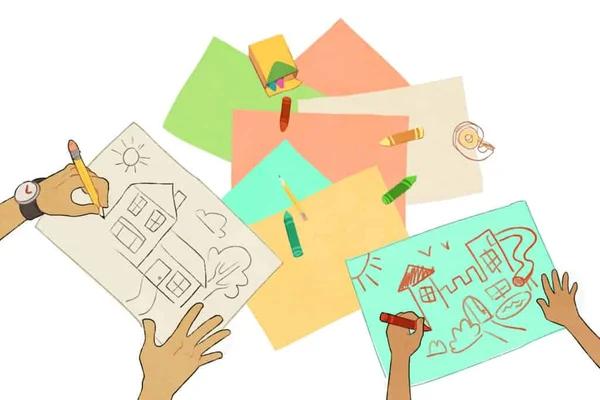 A HireAHelper illustration showing a parent and child packing boxes during a moving day