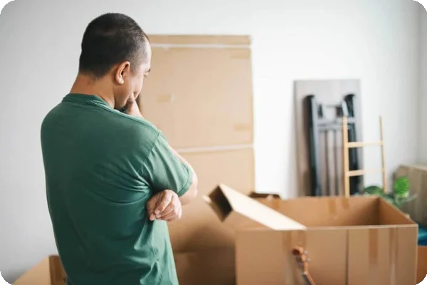 A man looks contemplative as he stares at boxes stacked in a room