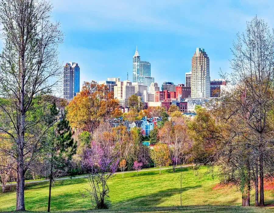 A colorful city skyline/ cityscape of downtown Raleigh, NC.