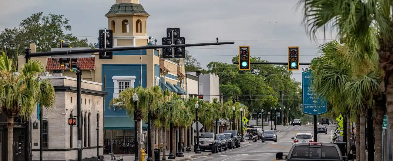 A street lined with palm trees in New Port Richey, FL