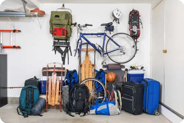 Bikes, sports equipment, several backpacks, a cooler, and sleds are all set against or hung on a garage wall