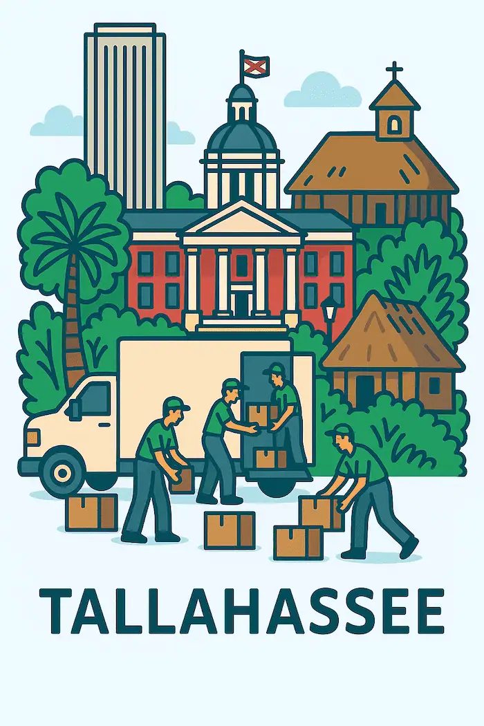 An illustration of movers loading a moving truck in front of a stylized depiction of major landmarks in Tallahassee, FL.
