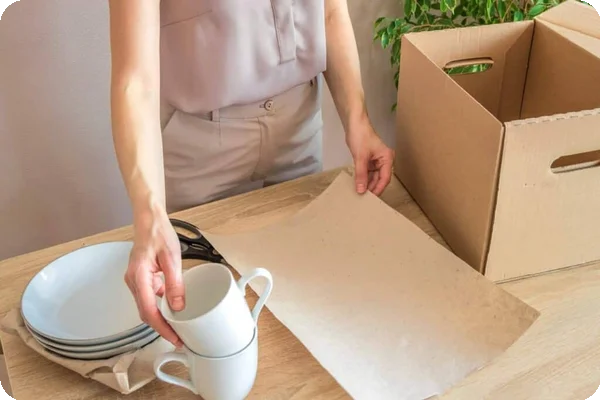 A person reaches for a teacup to place on a piece of packing paper they have set out on the table in front of them