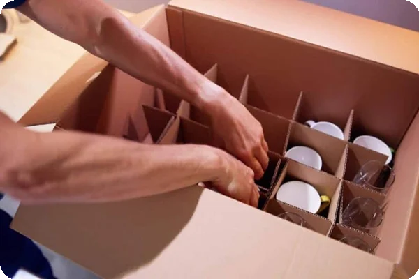 A person places glasses and mugs in a box with cardboard dividers