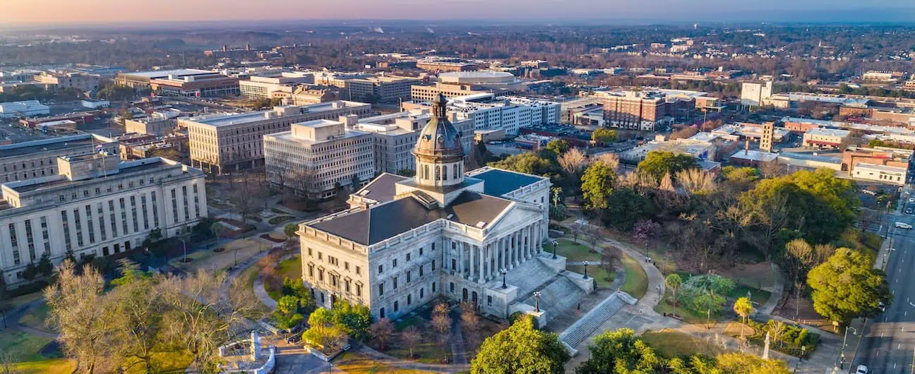 A view of Columbia, SC's capitol building, along with other parts of the city. 