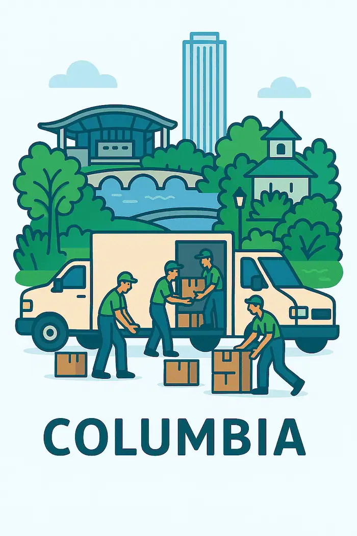 An illustration of movers loading a moving truck in front of a stylized depiction of major landmarks in Columbia, MD.