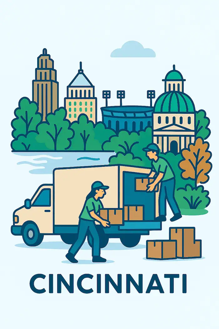 An illustration of movers loading a moving truck in front of a stylized depiction of major landmarks in Cincinnati, OH.