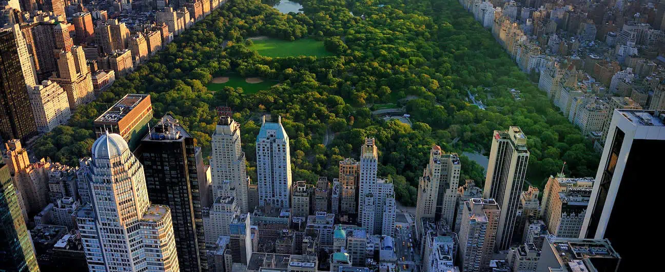 A view of Manhattan, New York's skyline and Central Park in the evening